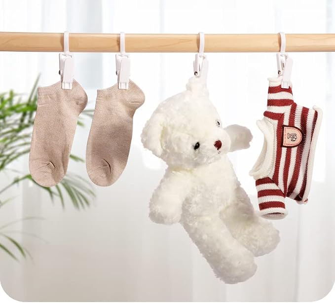 20 PCS Laundry Hooks with Clips Super Strong Plastic Home Travel Swivel Hanging Hanger Closet Organizer Clamps Socks Boot Bras Towels for Bathroom Wardrobe Kitchen Office - 4.3 Inches (White)