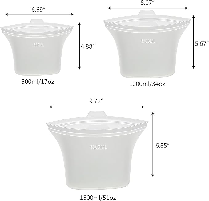 Food Grade Reusable Silicone Food Storage Bags, 3-Pack Leakproof Freezer Bags with 3 Sizes (51oz, 34oz, 17oz) | Microwave & Dishwasher Safe | Plastice & BPA Free | Airtight Seal for Food Preservation