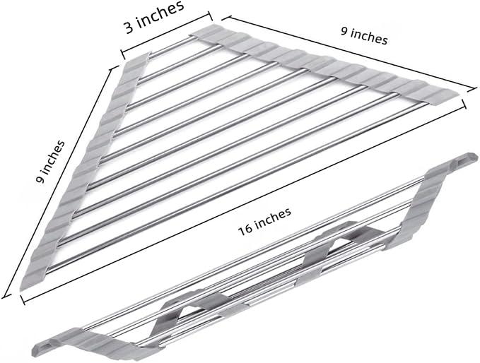 Triangle Dish Drying Rack Multipurpose Roll-up Drying Rack for Sink Corner Stainless Steel Over The Sink Corner Dish Drainer Mat for Kitchen (Black)