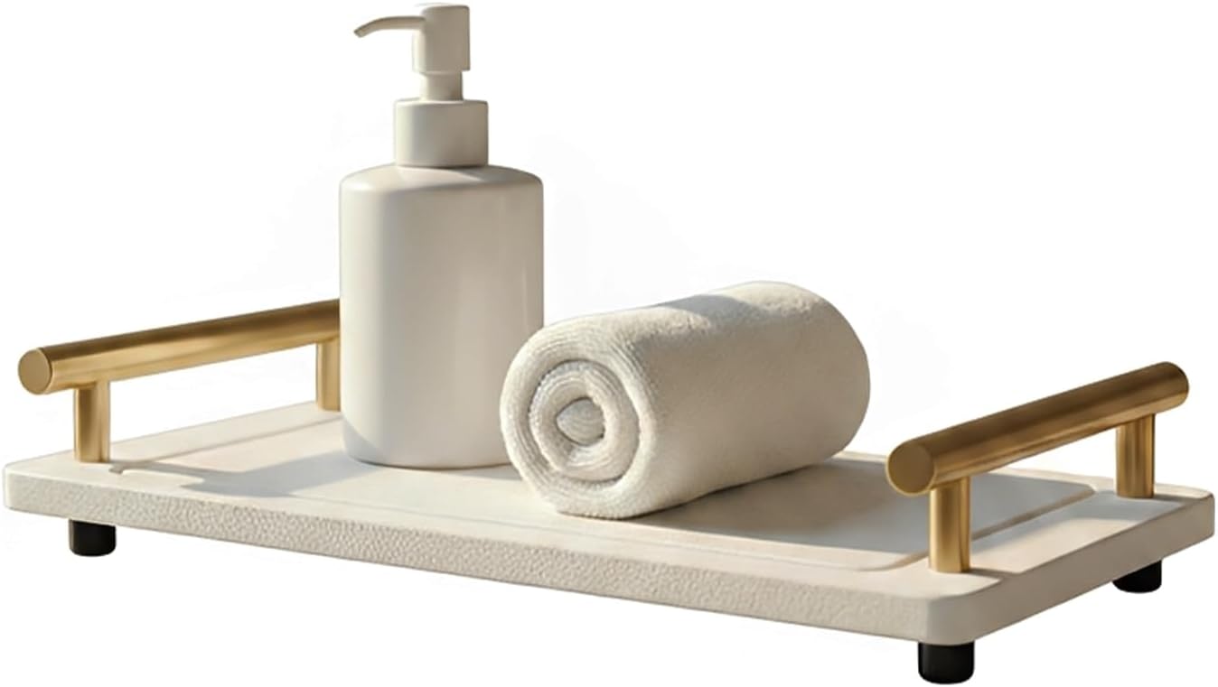 Instant Dry Sink Caddy Organizer,Diatomaceous Earth Bathroom Organizer with Handle Water Absorbing Stone Tray for Sink Water Absorbent Diatomite Coasters (S White Gold Handle)
