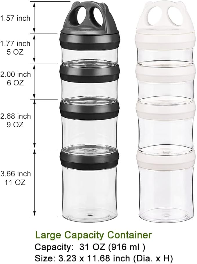 BeneLabel Stackable Food Storage Containers with Twist Lock System - BPA-Free Tritan Containers for Travel, Formula, Protein Powder, Snacks - Leakproof & Dishwasher Safe (Black and White, 31oz per)