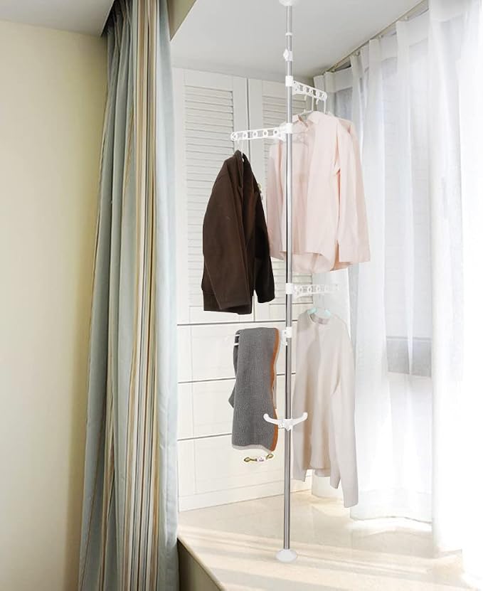 BAOYOUNI Telescopic Drying Rack Floor to CeilingAdjustable Metal Ivory | Corner Laundry Pole Coat Tree Hanger Metal Storage Organizer Stand with 4 Arms & 1 Hook Space Saving Tension Rod for Clothes