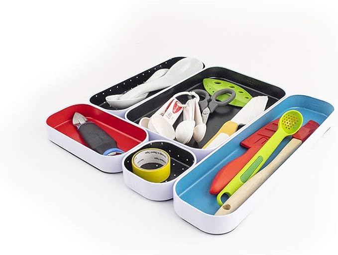 Three by Three Seattle Metal Drawer Organizer Tray Set, 5-Pc, 1" (Multi) | Colorful 1" metal bins; food-safe; soft non-scratch base; kitchen, bathroom, vanity, desk & office drawers