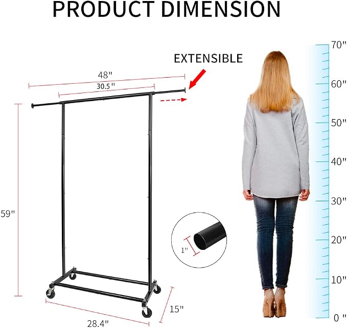 Fishat 59" H Simple Portable Standard Black Rolling Clothes Garment Rack | Metal Freestanding Hanging Organizer, Mobile Lockable Wheels, Portable Freestanding, for Storage, Drying, Bedroom