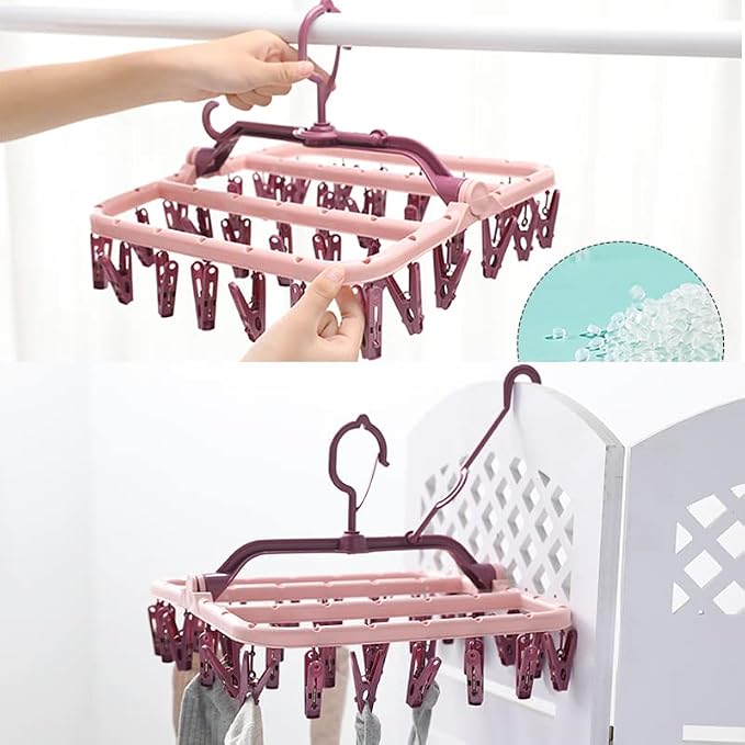 Foshine Clothes Drying Racks Foldable Clip Hangers Plastic with 32 Clips | Wind-Proof Hook Underwear Hanger For Socks Bras Pink