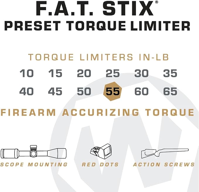 Fat Stix Individual Limiter 10-65 Inch-Pounds with Preset Torque, Accurately Tightens, Reversible, Compatible with Wheeler Fat Stix T-Handle Driver, for Gunsmithing, Reloading, and Torque Adjustment