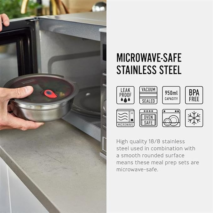 BLACK + BLUM Lunch Bowl | Microwave Safe Stainless Steel | 950ml | Leak Proof & Airtight, Durable & Reusable, Stackable Food Storage, Ideal for Meal Prep Batch Cooking, Lunches and Snacks