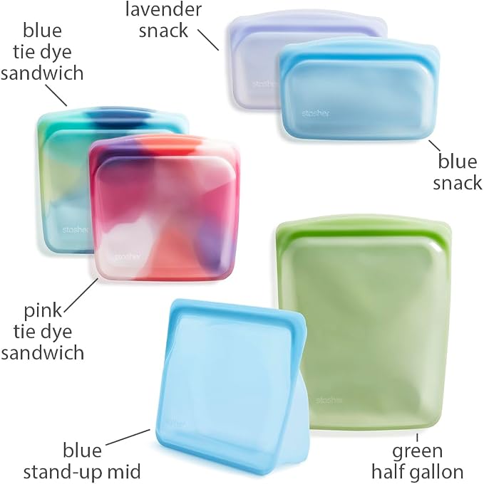Stasher Premium Reusable Silicone Food Storage Bags, 5-Pack, Tie Dye | Food-Safe Silicone, Eco-Friendly, Reusable Freezer Bags, Microwave, Dishwasher, Oven, Snack Bags, Lunch Containers, Meal Prep