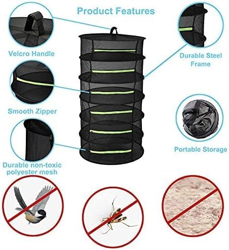 Herb Drying Rack Hanging 6 Layer, 2ft Collapsible Herb Dryer Mesh with Zipper Garden Gloves Hook, Plant Net Dry Rack for Drying Seeds Bud Grass Hydroponic Plants Outdoor Gardening Supplies 24"D x 47"H