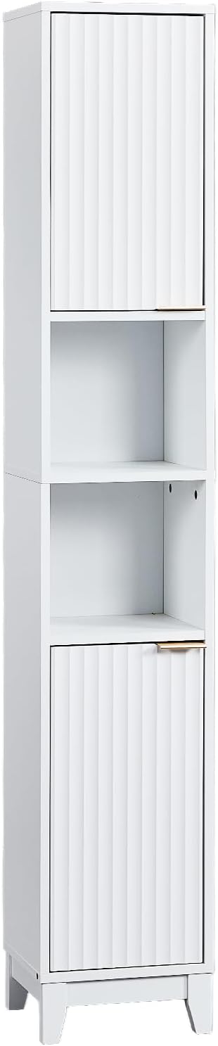 VINGLI White Fluted Tall Narrow Bathroom Cabinet, 67" Slim Freestanding Storage Cabinet for Small Spaces, Wood Linen Tower Floor Cabinet with 2 Doors, Open Shelves & Soft-Close Hinges