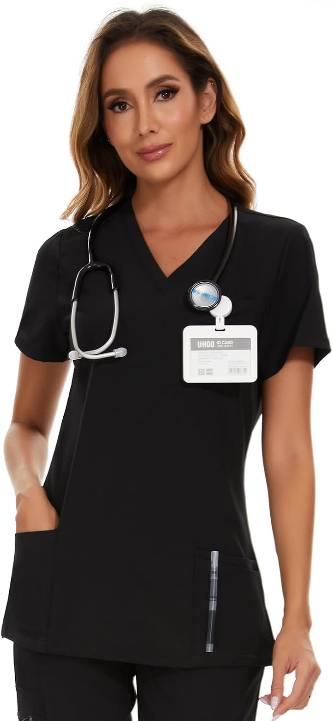 Scrubs Tops for Woman - Soft Stretch, V-Neck Tops | 3 Pockets, Side Split Design, Short Sleeve, Breathable & Lightweight Nursing Shirt, Easy-Care Fabric for All-Day Comfort