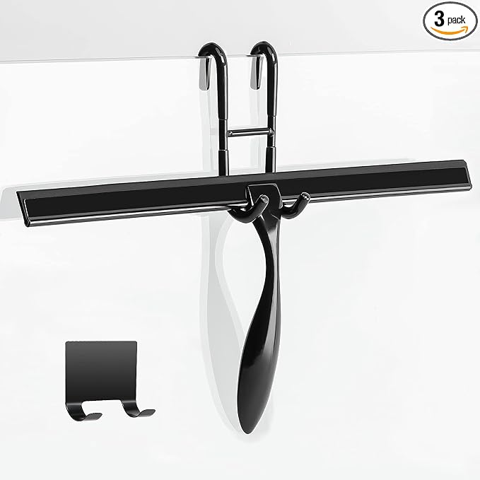 Simtive 14-Inch Shower Squeegee Set, Includes Shower Door Hook and Adhesive Hook, Squeegee for Shower Doors, Mirror and Window, Black