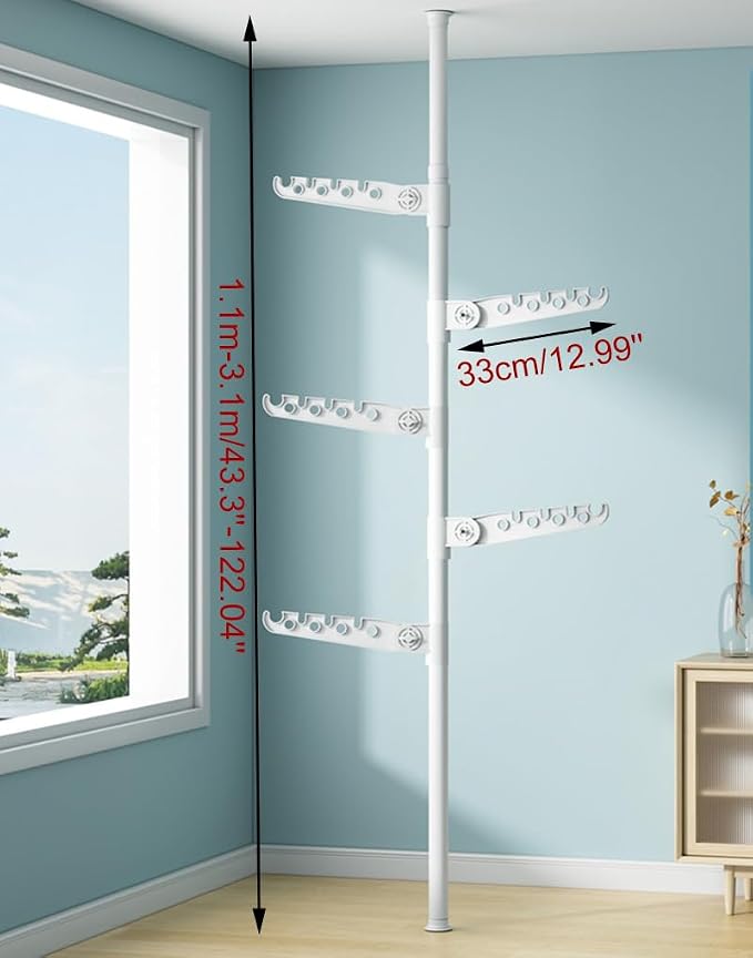 5-Tier Clothes Drying Rack Telescopic Coat Hanger Garment Stand Floor to Ceiling Laundry Pole Tension Rod Storage Organizer for Home, Balcony, Office 43.3''-122.04''
