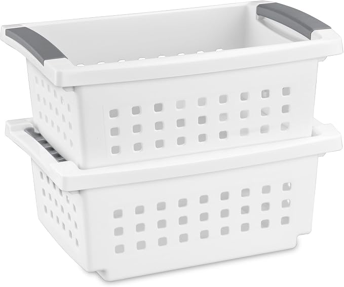 Sterilite 16 Pack Small Stacking Basket, Open Top Storage Bin with Handles, White - Ideal for Home Closets, Kitchens, or Office Organization
