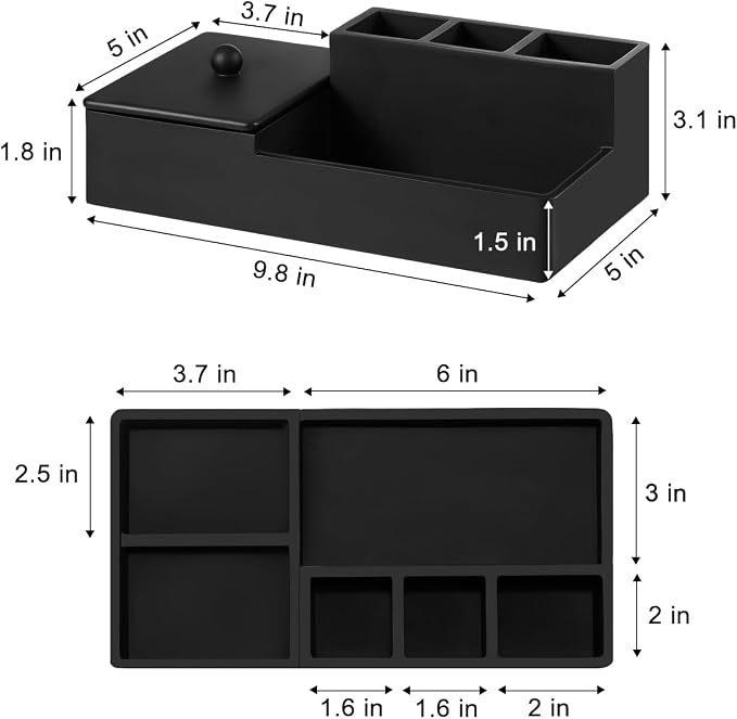 Luxspire Bathroom Counter Organizer with Lid, 6 Slots, Matte Black | Bathroom Vanity Organizer, Bathroom Organizer Countertop for Cotton Ball, Q-Tips, Floss