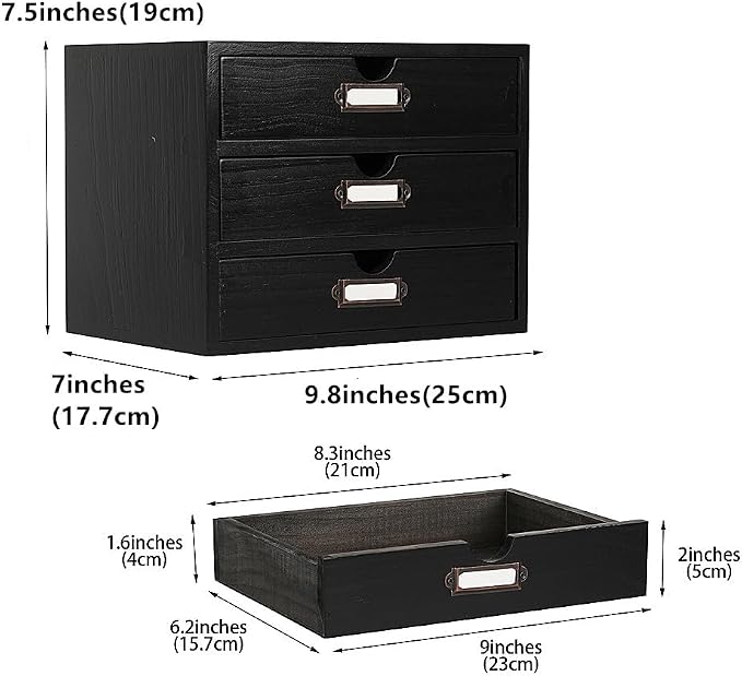 Small Wooden Drawers Wooden Box with Drawer Black | 3 Drawer Storage Box for Apothecary Cabinet, Apothecary Drawers，Desktop Organizer with Metal Handles for Office，Home