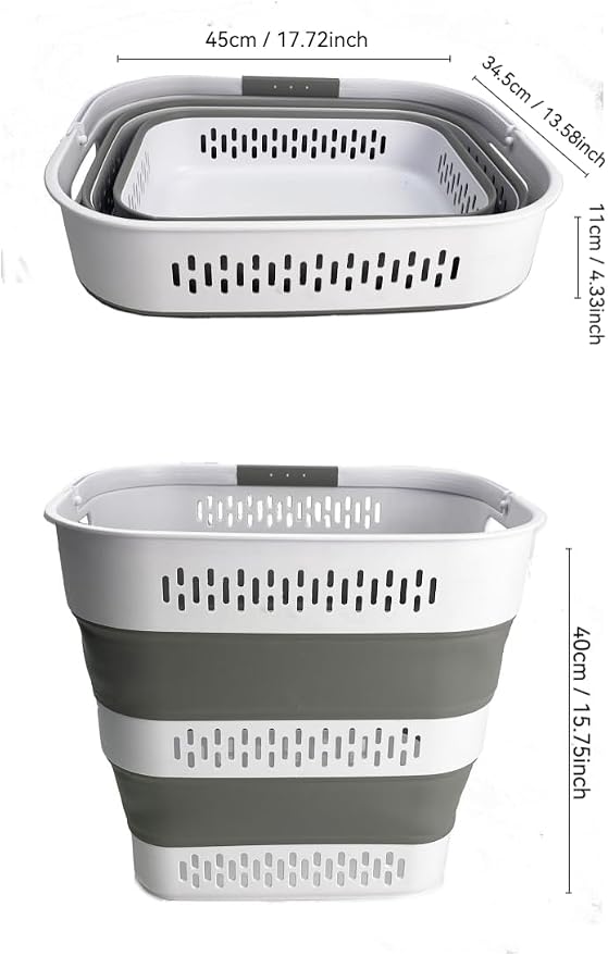 SAMMART 40L (10.5 Gallon) Collapsible Plastic Laundry Basket with Handles - Foldable Pop Up Storage Container/Organizer - Portable Laundry Hamper - Space Saving (2, White/Grey)