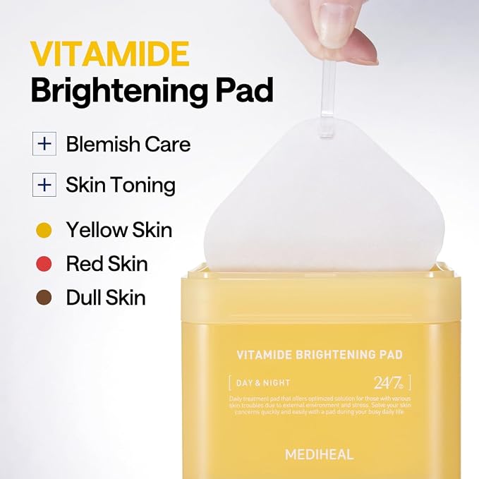 MEDIHEAL Vitamide Brightening Toner Pads for Skin Toning (100 Count) | with Vitamin C & Niacinamide for Brightening | Tone Evening & Blemish Care | Non-Comedogenic, Vegan Pads, Korean Skincare
