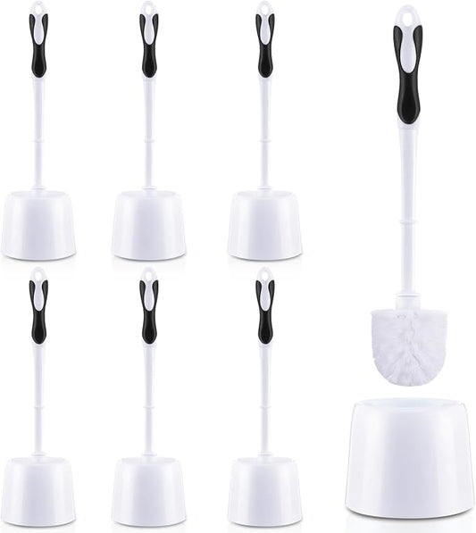 Tioncy 6 Pack Toilet Brush with Holder, 14.96 Inch Toilet Bowl Brush Set, Stiff Bristles Scrubber for Deep Cleaning, Base Caddy, Bathroom Cleaning Supplies (Black,White)