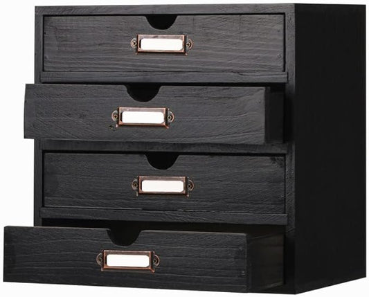 Small Wooden Drawers Wooden Box with Drawer Black | 4 Drawer Storage Box for Apothecary Cabinet, Apothecary Drawers，Desktop Organizer with Metal Handles for Office，Home