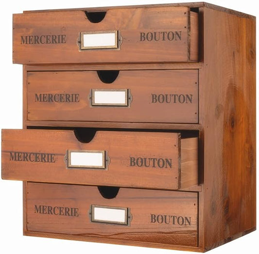Large Wooden Drawers Wooden Box with Drawer Brown | 4 Drawer Storage Box for Apothecary Cabinet, Apothecary Drawers，Desktop Organizer with Metal Handles for Office，Home