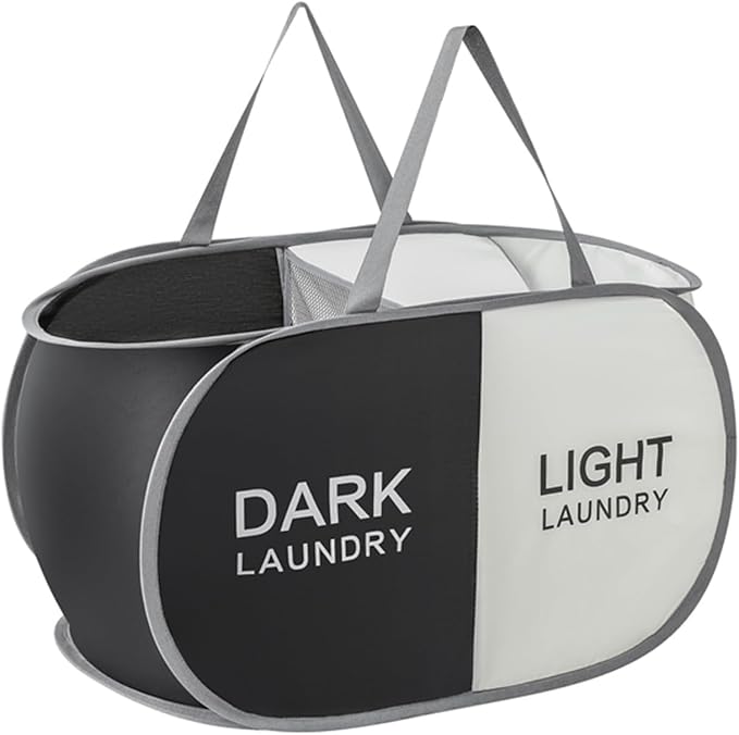 Collapsible Laundry Baskets with 2 Compartments, Black + Begie | 105L, Foldable, Pop up Hamper, Reinforced Durable Laundry Hamper for Home, Laundry, Bathroom, Dorm or Travel