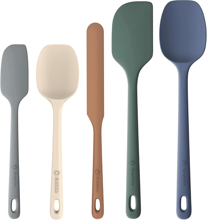 ChefAide 5 Pieces Silicone Spatula Set, Food Grade Rubber Spatula, Upgrade Strong Handle with Ergonomic Grip, Heat Resistant Up to 600°F for Nonstick Cookware, Cooking