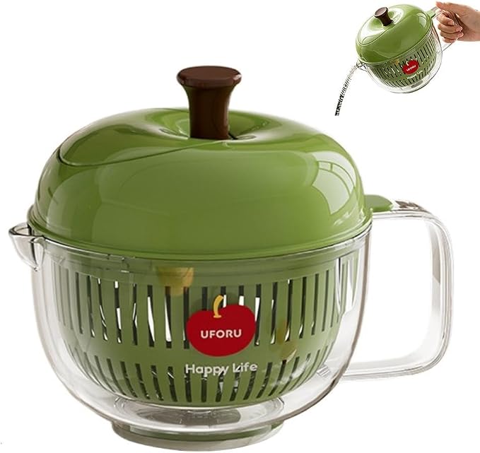 Apple Shaped Salad Spinner Double Layer Vegetable Dryer Washer, High Speed Hand Crank Colander with Lid, Detachable Drain Basket for Kitchen Prep Accessories For Home, Camping, Picnic