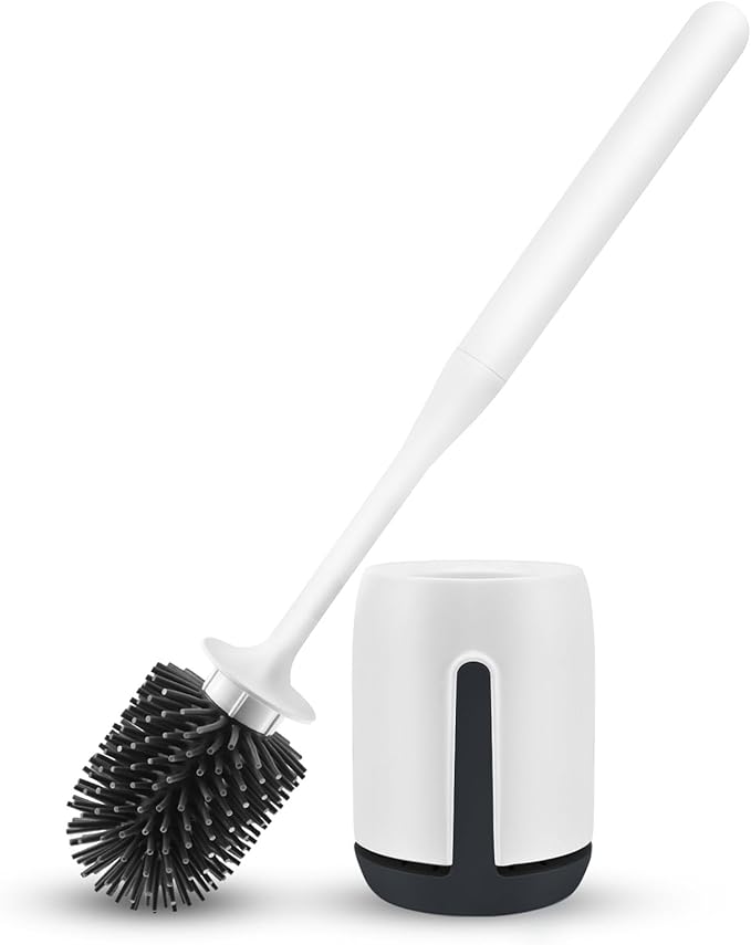 Silicone Toilet Brush Set for Bathroom Cleaner Brush Set,Non-Slip Handle with TPR Soft Bristle,Wall Mounted/Floor Standing,Toilet Scrubber Brush White and Turbo Drying