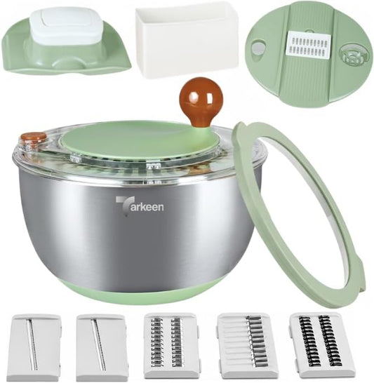Stainless Steel Salad Spinner with Storage Lid, BPA-Free Lettuce Spinner, 5-in-1 Salad Bowl & Fruit Cleaner with Non-Slip Base, Dishwasher Safe, 5 Blade Slicer & Egg Yolk Separator, 5.3Qt