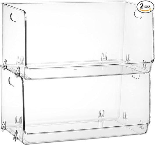 Nicunom 2 Pack Stackable Plastic Storage Bins Open Front, Clear Pantry Organizer Bin Household Food Storage Bin for Kitchen Countertops Cabinet Shelf Fridge