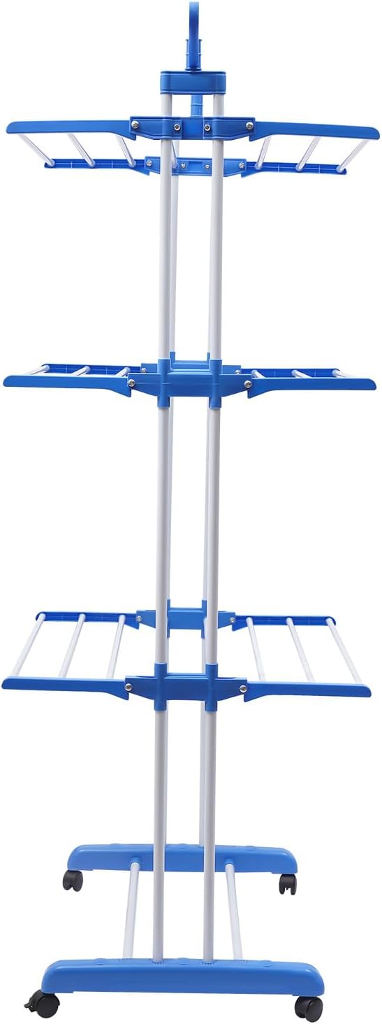 Foldable Clothes Drying Rack Stand 4-Tier,Garment Rolling Dryer Hanger with 4 Wheels,Easy to Assemble, Indoor Outdoor Use(Blue)