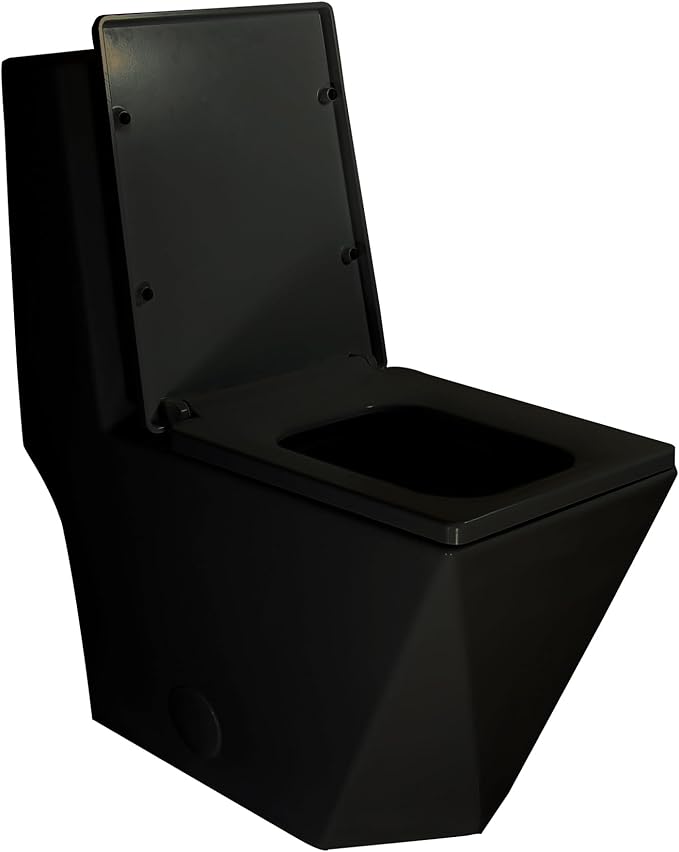 WinZo Square One Piece Toilet Black With Gold Button For Modern Bathroom,Diamond-shaped Sleek Design Elonagted Rectangle 17" Comfort Bowl,Glossy Black