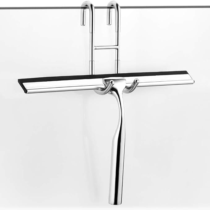 ecooe Silicone Shower Squeegee with Hanger, 9″/25cm Shower Squeegee for Glass Doors, Black Window Squeegee Scraper with Stainless Steel Core for Home Bathroom Kitchen Car Glass Doors