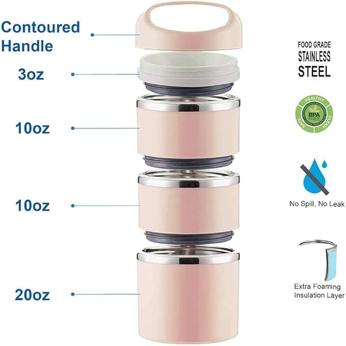 Lille Home Stackable Stainless Steel Thermal Compartment Lunch/Snack Box, 3-Tier Insulated Bento/Food Container with Lunch Bag, Utensils Set and Three Extra Seals, 43OZ (Gold with Utensils)