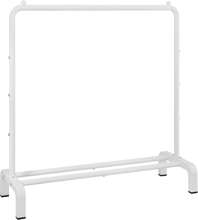 JIUYOTREE Metal Clothing Rack, 43.3 Inches Clothes Garment Coat Rack with Bottom Shelf for Hanging Skirts, Shirts, Sweaters, White