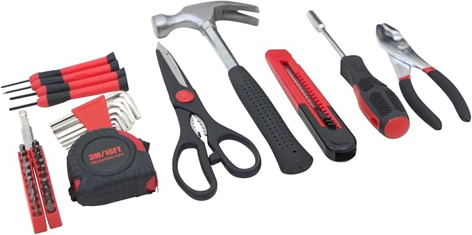 39-Piece Household Tools Kit - Comprehensive and Essential Repair Set Tools for Dorm, Home Use, DIY (39p-red)