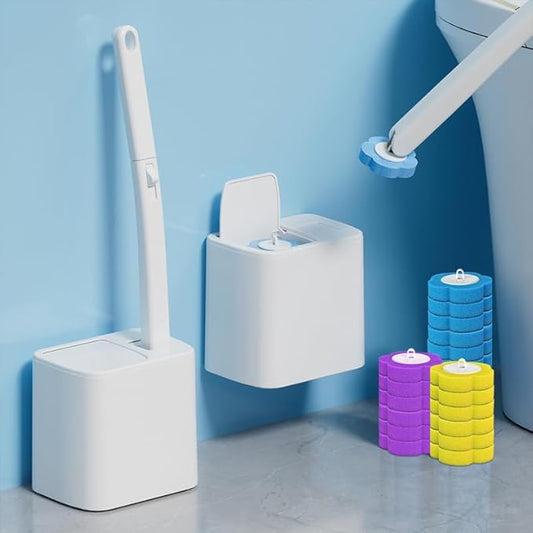 Disposable Toilet Brush: Toilet Bowl Brush and Holder Set with 24 Wand Refills, Upgraded Handle Auto Open Cleaners, Toilet Cleaning System with Storage Caddy for Sink, Bathtub, Floor, Drain