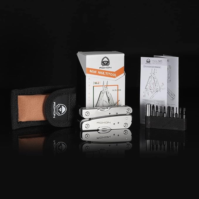 ROXON M2 14-in-1 Mini Multitool with Folding Scissors & 9pc Bits Set | Stainless steel construction. Bottle opener, screwdriver. Compact pocket tool for camping, hiking, and DIY repairs.
