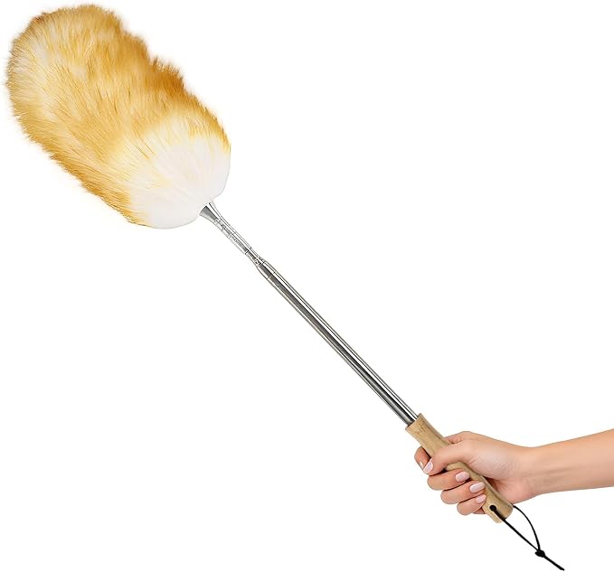 Extendable Lambswool Feather Duster 31-88 Inch, Anti-Static Wool Duster for Cleaning with Stainless Steel Pole - Ideal for High Ceilings, Fans, Interior & Roof (Yellow & White)