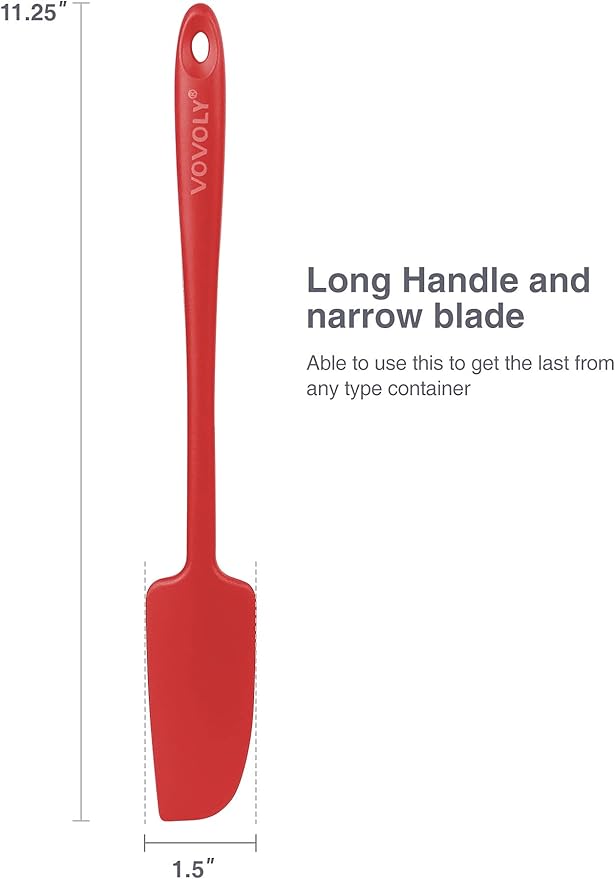 2-Pack Vovoly Silicone Jar Spatulas, Small Seamless Design Rubber Scraper with Stainless Steel Core, Heat Resistant and Non-Stick Mini Spatula for Jars and Blenders, BPA Free,11 IN, Red