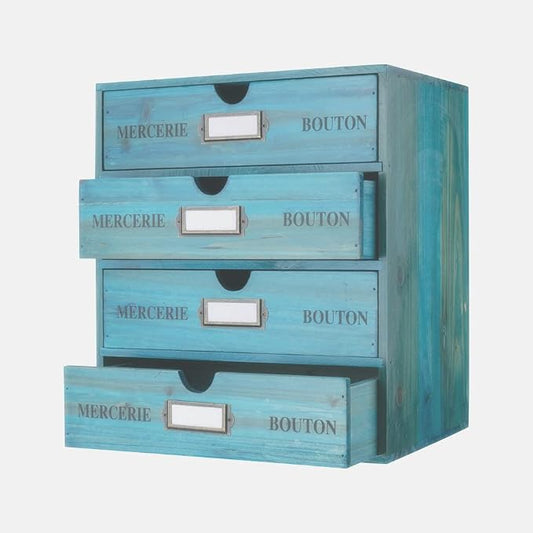 Large Wooden Drawers Wooden Box with Drawer Blue | 4 Drawer Storage Box for Apothecary Cabinet, Apothecary Drawers，Desktop Organizer with Metal Handles for Office，Home