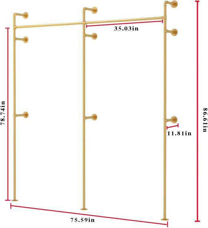ORSENIGO Industrial Pipe Clothing Rack, Heavy Duty Clothes Rack for Hanging Clothes, Wall Mounted Display Garment Rack for Home Retail Boutique (Double, Gold)
