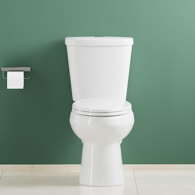 Two Piece Toilet, 17" Elongated with Upgraded Flushing, Dual Flush Buttons (Top Mounted), Includes Soft-Close Seat & Hardware, White, 12" Rough-in