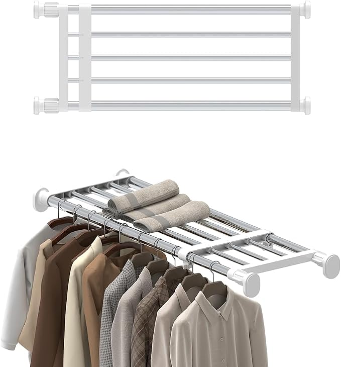 Hershii Metal Tension Shelf Expandable Shelf Rod Tension Closet Shelf | 5-Bar Telescopic Heavy Duty Clothes Hanger Closet Tension Shelves Adjustable DIY Storage Organizer Shoe Rack