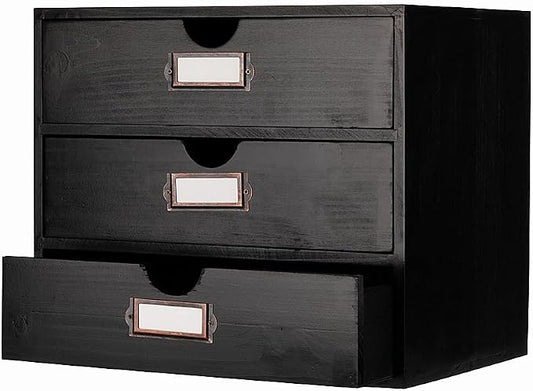Large Wooden Drawers Wooden Box with Drawer Black | 3 Drawer Storage Box for Apothecary Cabinet, Apothecary Drawers，Desktop Organizer with Metal Handles for Office，Home