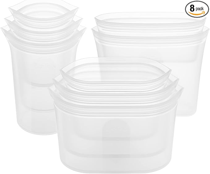 Zip Top Reusable Food Storage Containers Full Set of 8 Frost – Platinum Silicone Cups, Dishes & Bags – Microwave, Dishwasher & Freezer Safe – Made in USA, BPA-Free
