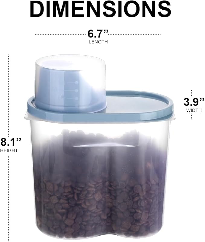 2 Pack 2lb/2.5L Pet Food Storage Container with Measuring Cup, Can Covers and Bowl for Small Dog, Cat, Waterproof-BPA Free (Blue 1.8L)