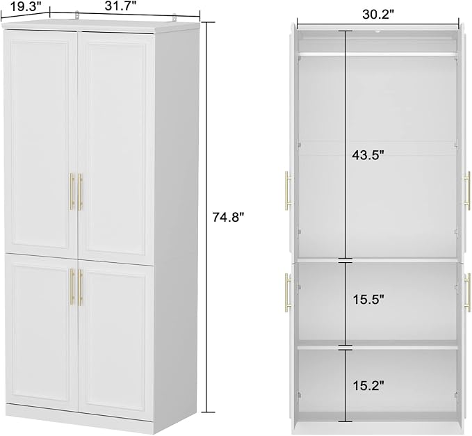 FUFU&GAGA Wardrobe Closet with 4 Doors, Modern White Bedroom Armoire with Gold Handles, Modern Clothes Storage Cabinet with Shelves, Hanging Rod for Cloakroom, 31.7”W x 19.3”D x 74.8”H