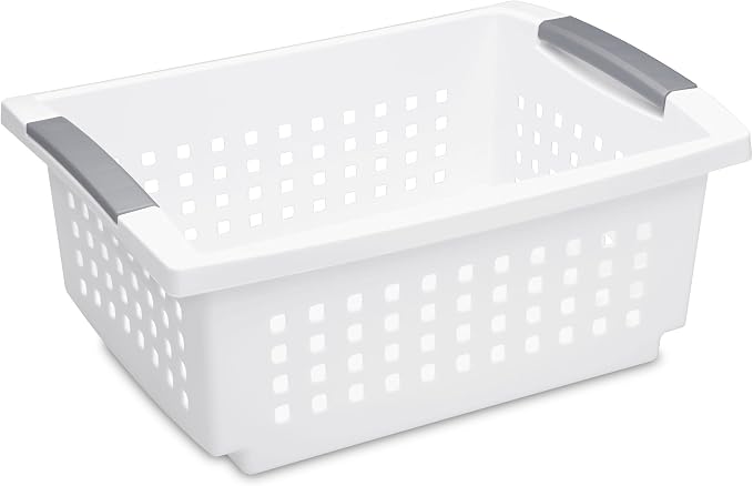 Sterilite 16 Pack Medium Stacking Basket, Open Top Storage Bin with Handles, White - Ideal for Home Closets, Kitchens, or Office Organization